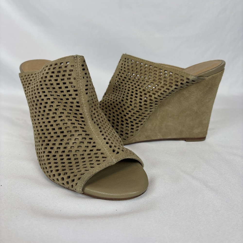 Joie Kellie Slide Sandal Wedge Heel Neutral Tan Perforated Suede Womens 8.5 39